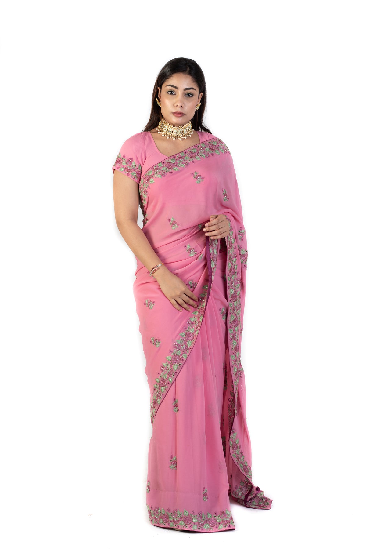 Pink Saree With Embroidered Roses