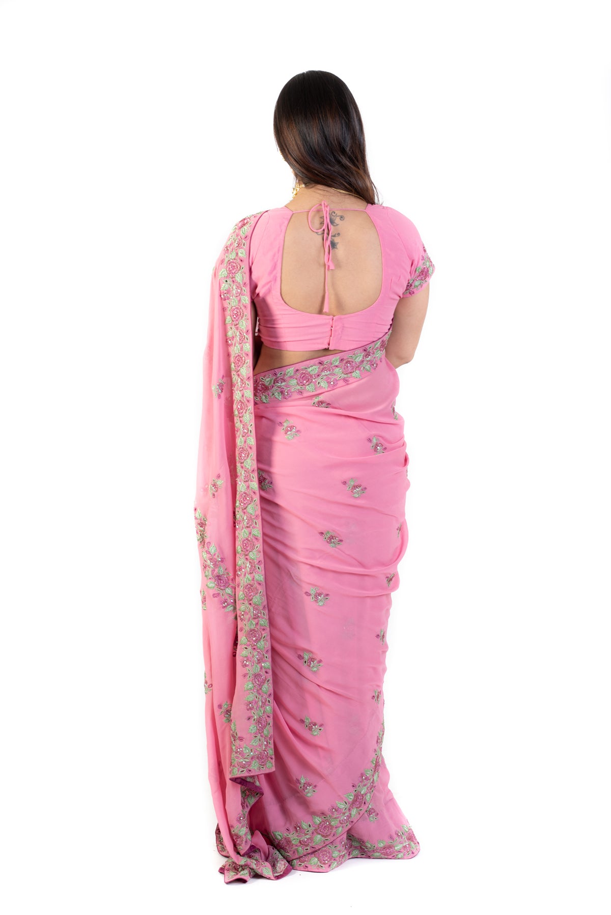 Pink Saree With Embroidered Roses