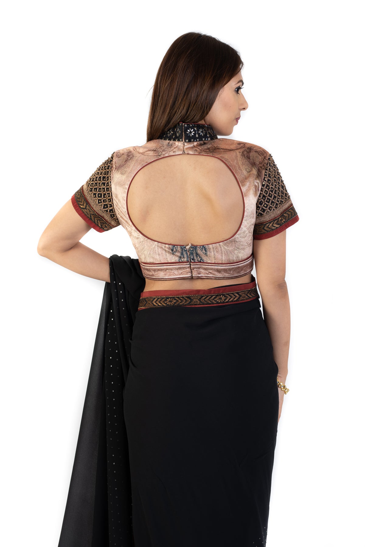 Black Sari With Beige Velvet Blouse