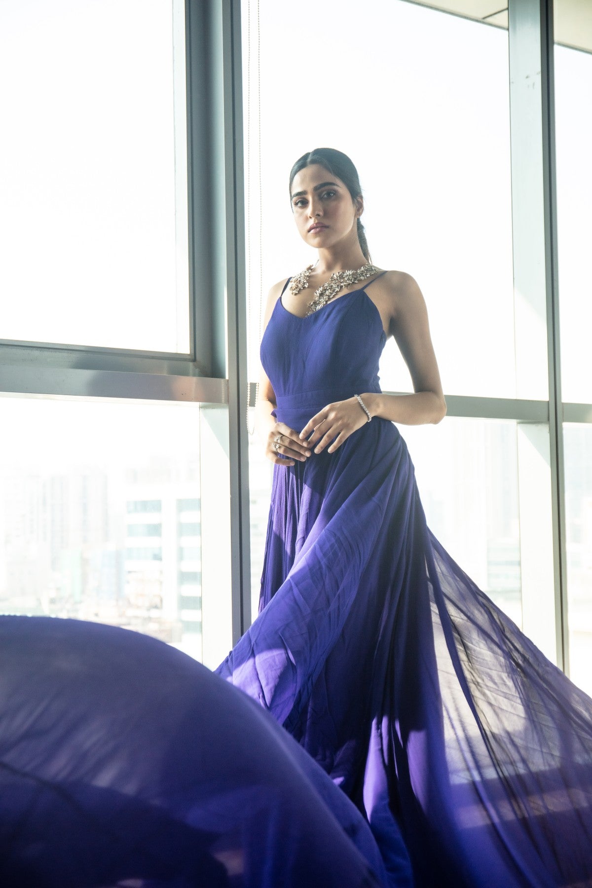 Royal Blue Strappy Flowy Gown with Trail