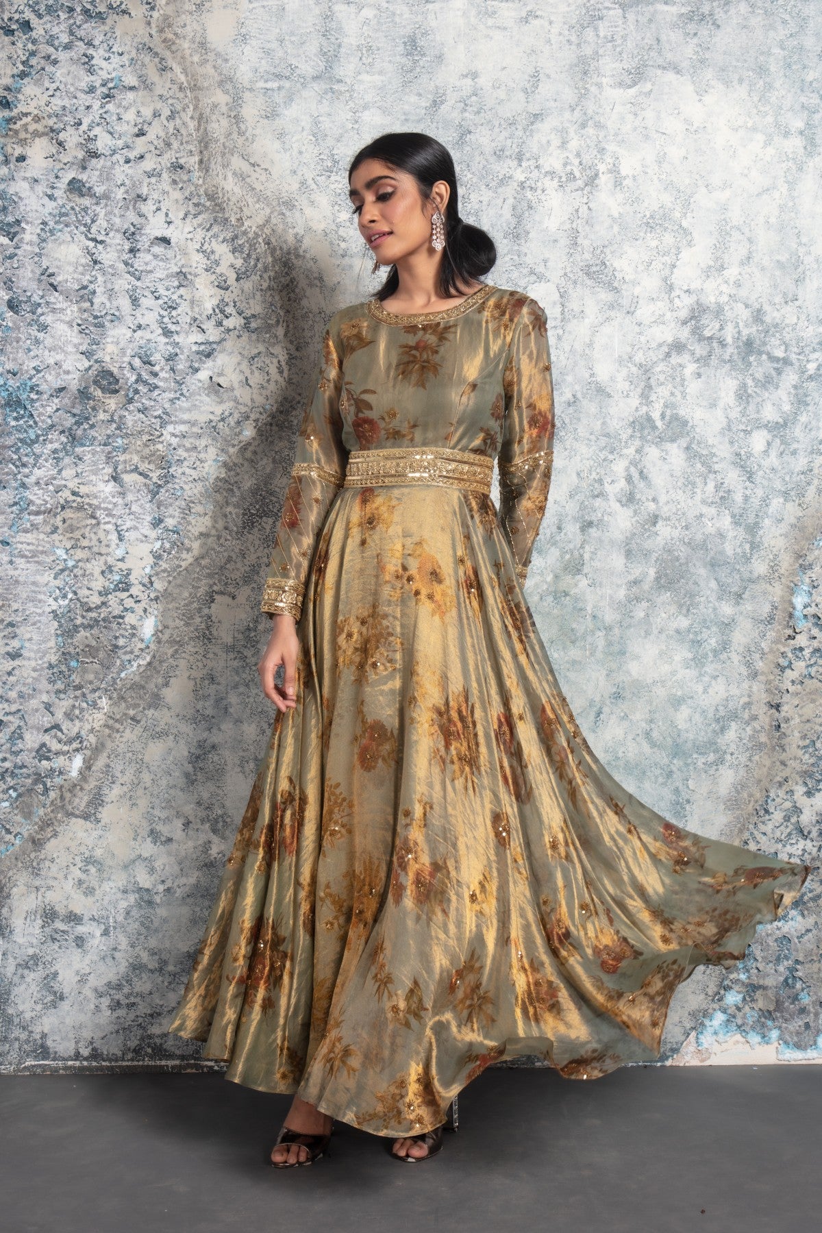 Rustic Gold Embroidered Flowy Gown