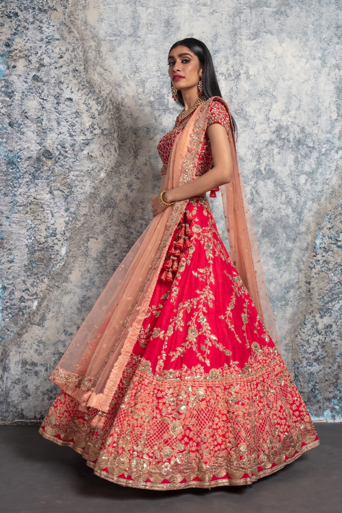 Silk Base Red and Peach Embroidered Lehenga set