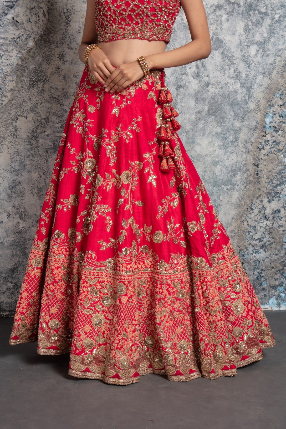 Silk Base Red and Peach Embroidered Lehenga set