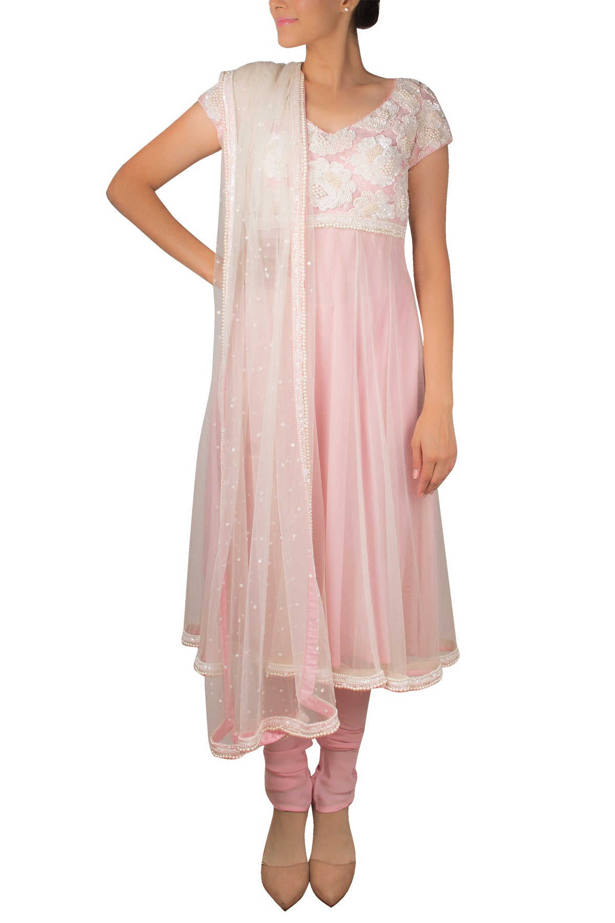 Go with the flirty flow of this pretty pink soft net anarkali with white pearl and sequins embroidery on the bodice and a matching net dupatta.