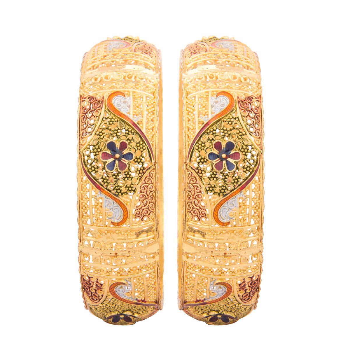 Reminding us of the golden eras gone by, this traditional gold kada set is decorated with cutwork filigree motifs set in mixed metal alloy with a yellow-gold finish. 