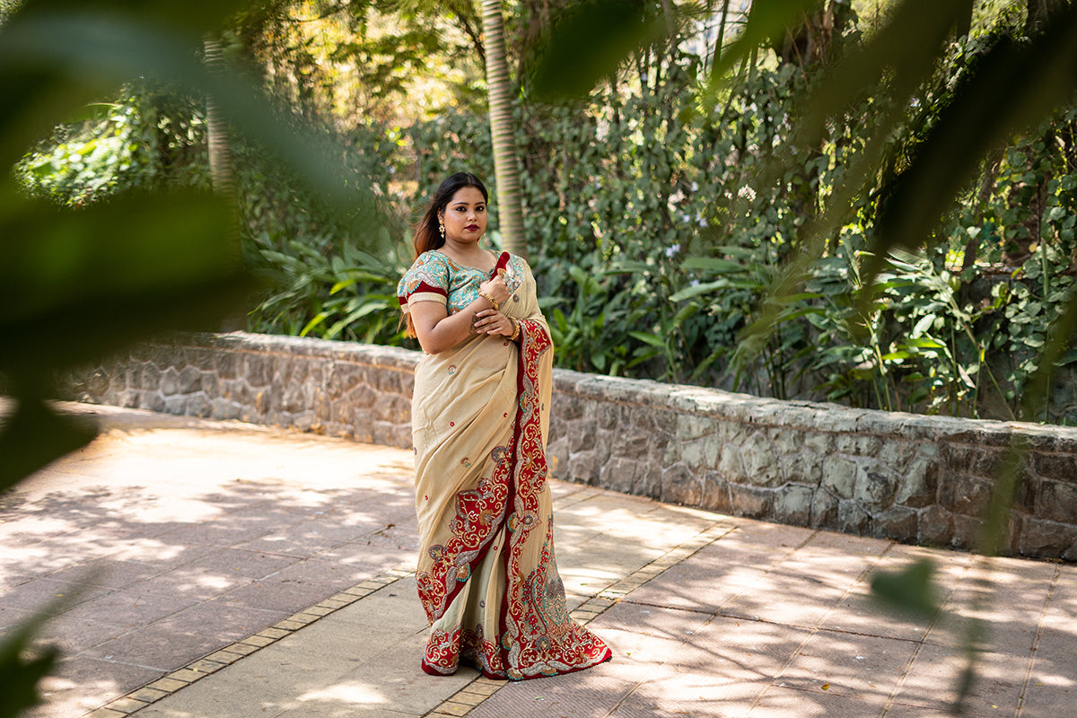 Beige Saree With Red And Mint Embroidery