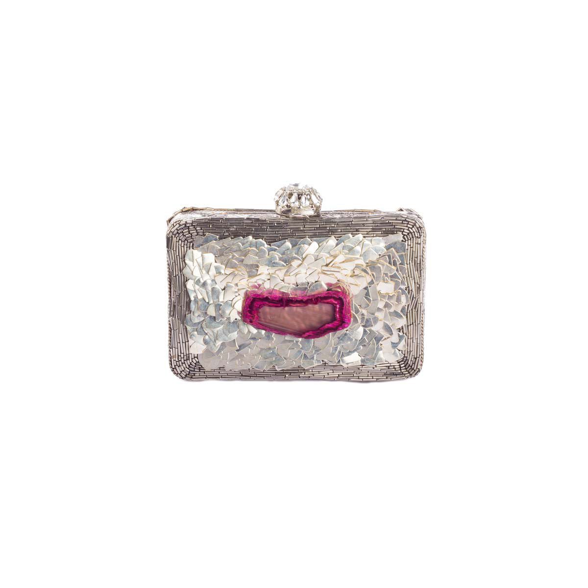 Unleash the bling-obsessed-diva within! Our silver metal clutch perfected with a pink moon rock will have the stars saluting your style!