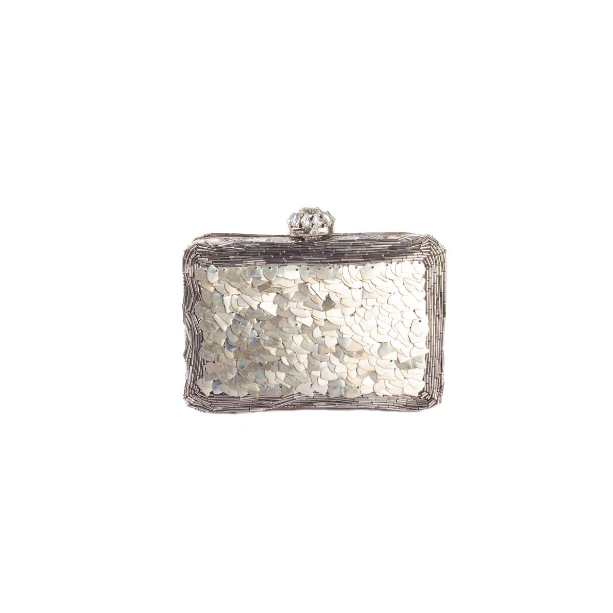 Silver Metal Clutch With Pink Moon Rock