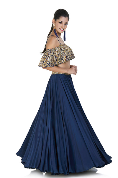 Embellished navy blue crop top and skirt