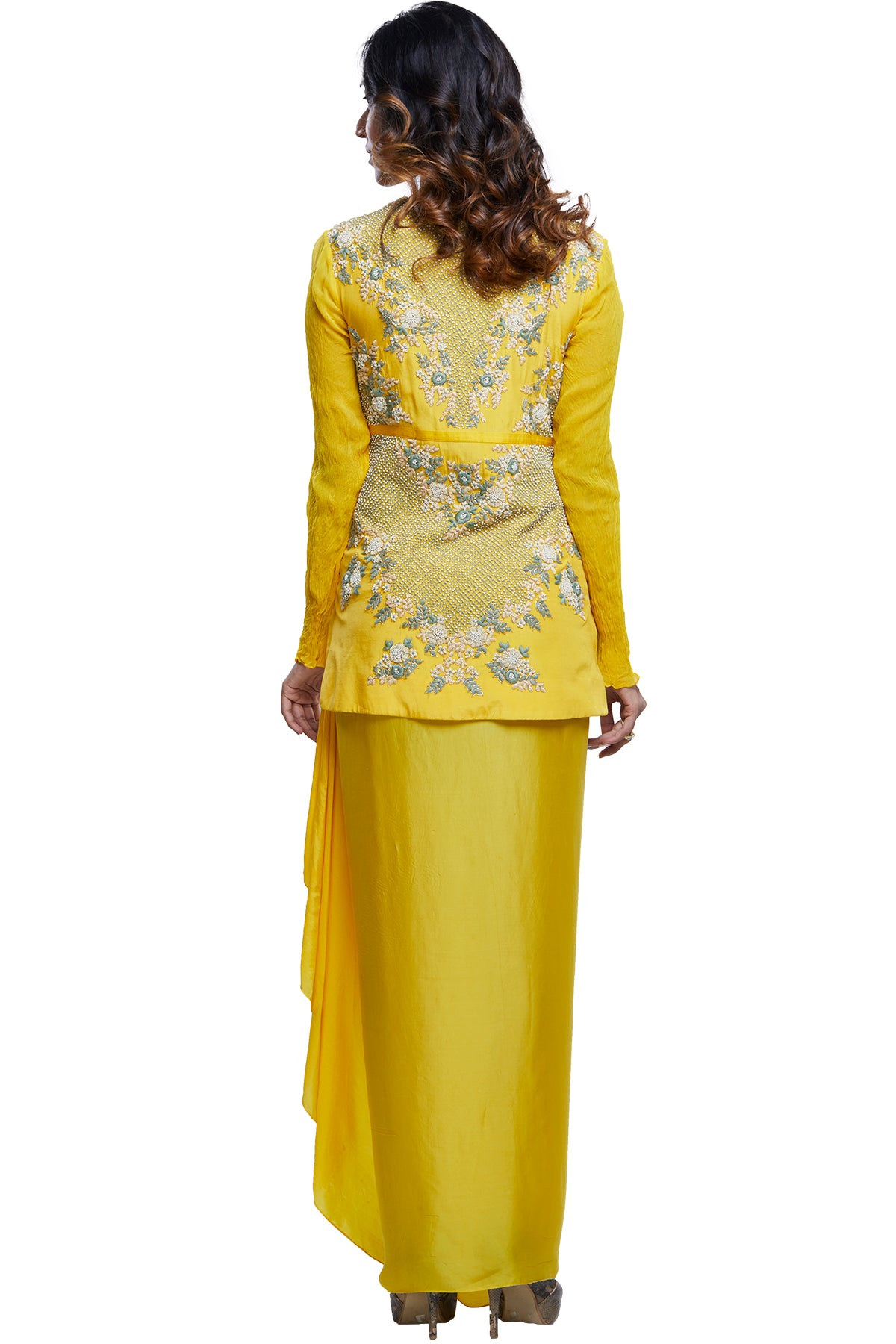 Yellow Embroidered Top On Draped Skirt