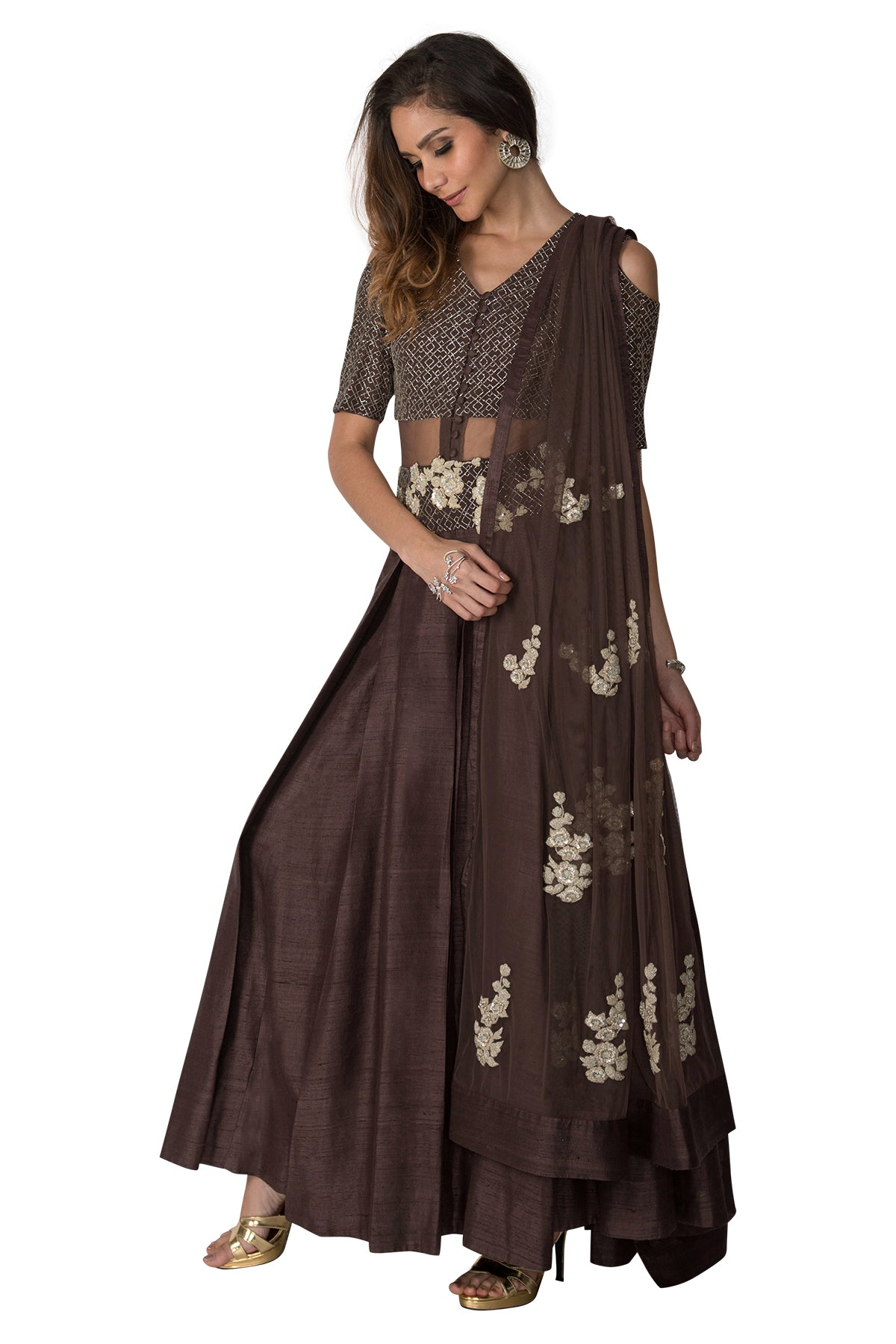 Ash Grey Anarkali With Embroidered Bodice