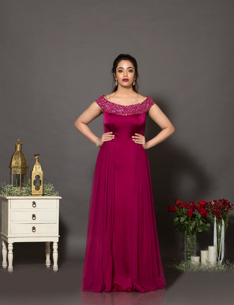 Wine off-shoulder cocktail gown – - Main Image