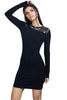 Bring sexy black in this black bodycon dress with silver pearls and bead embellishments on the neckline. 
