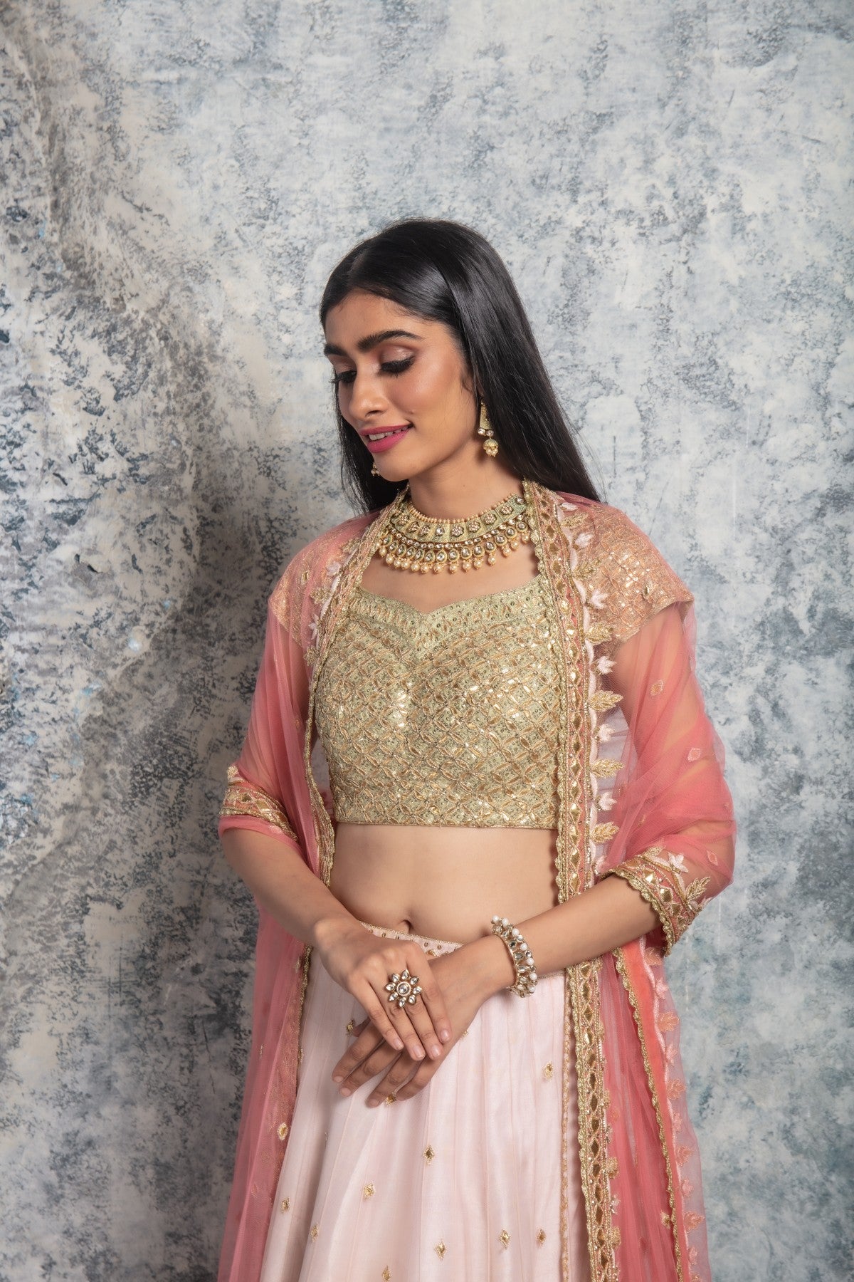 Baby Pink and Gold Lehenga Set – - Main Image