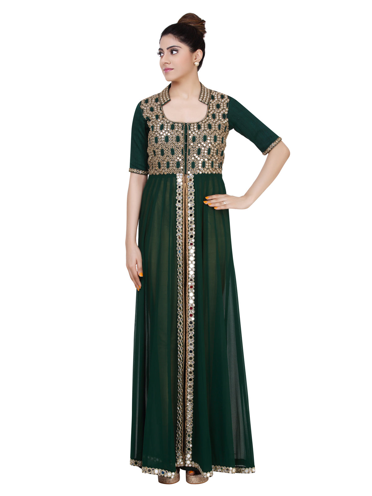 Bottle green top with golden pencil pants