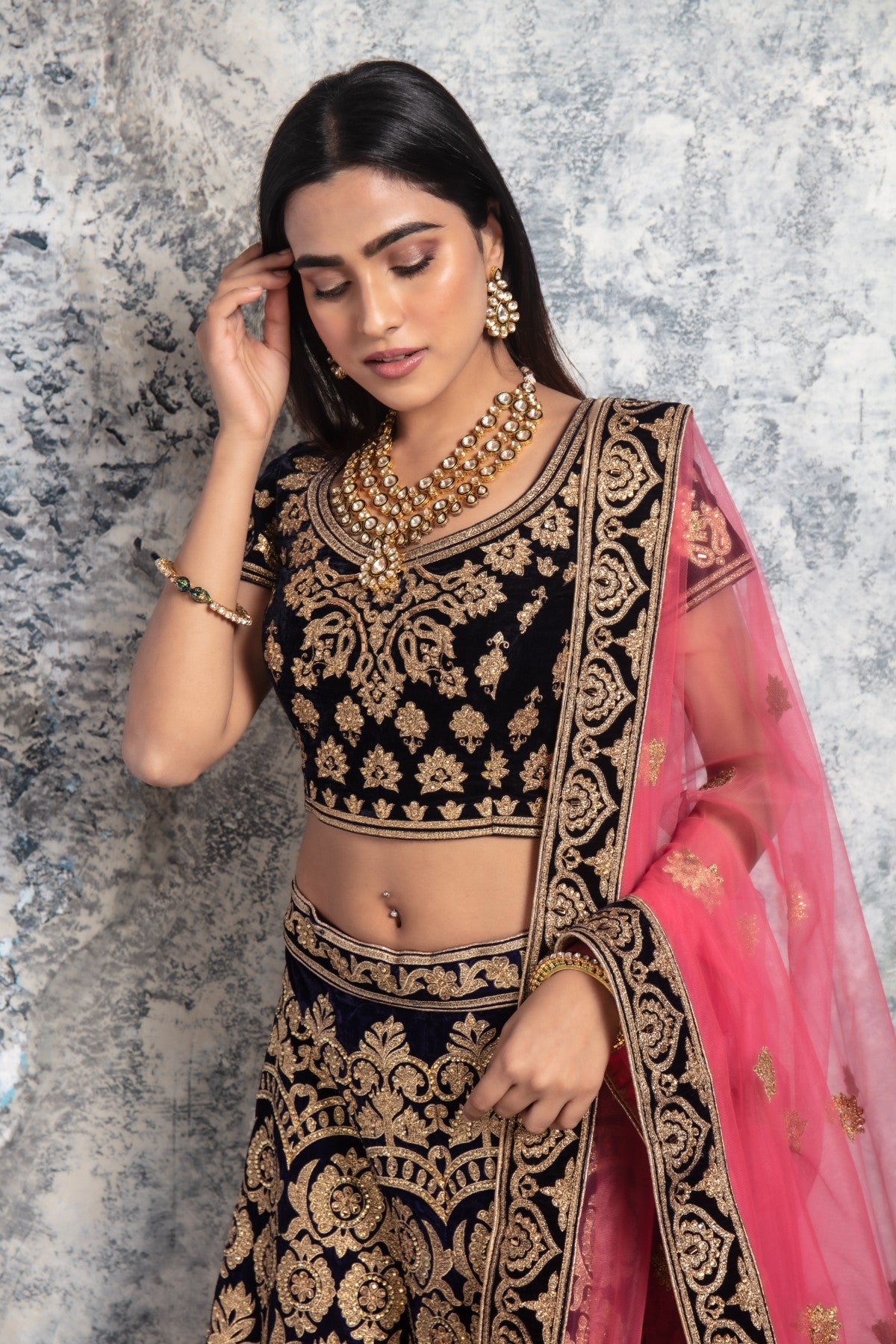 Dark Blue and Gold Lehenga set