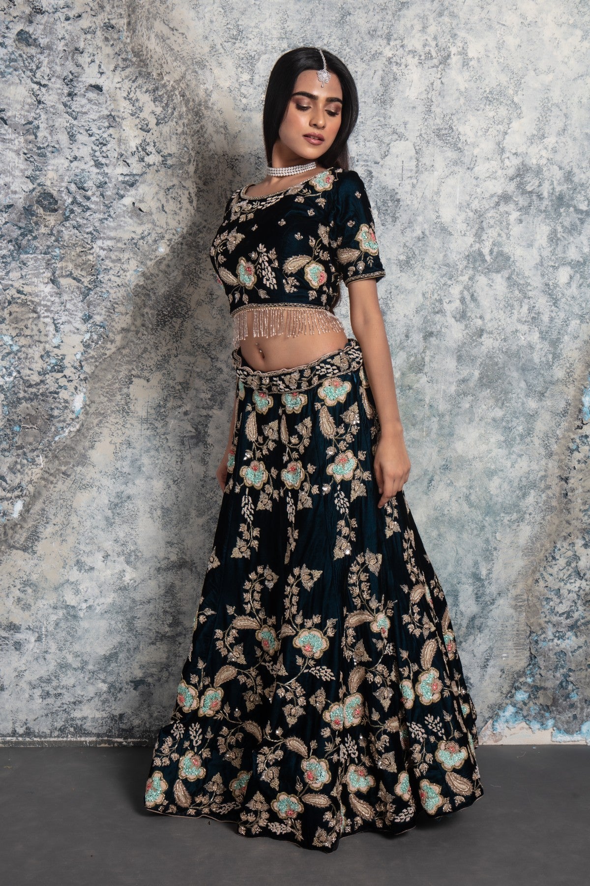 Dark Green Embroidered Lehenga set