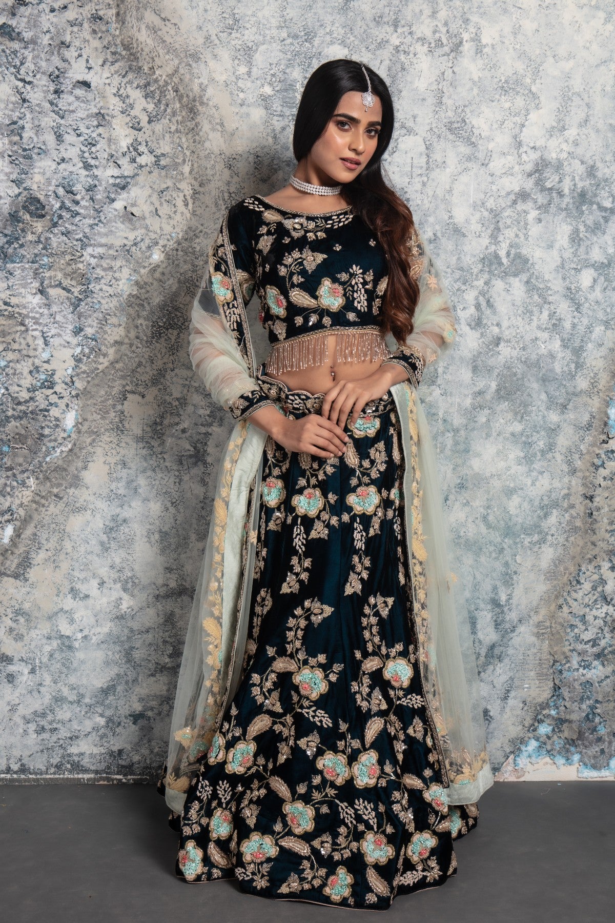 Dark Green Embroidered Lehenga set