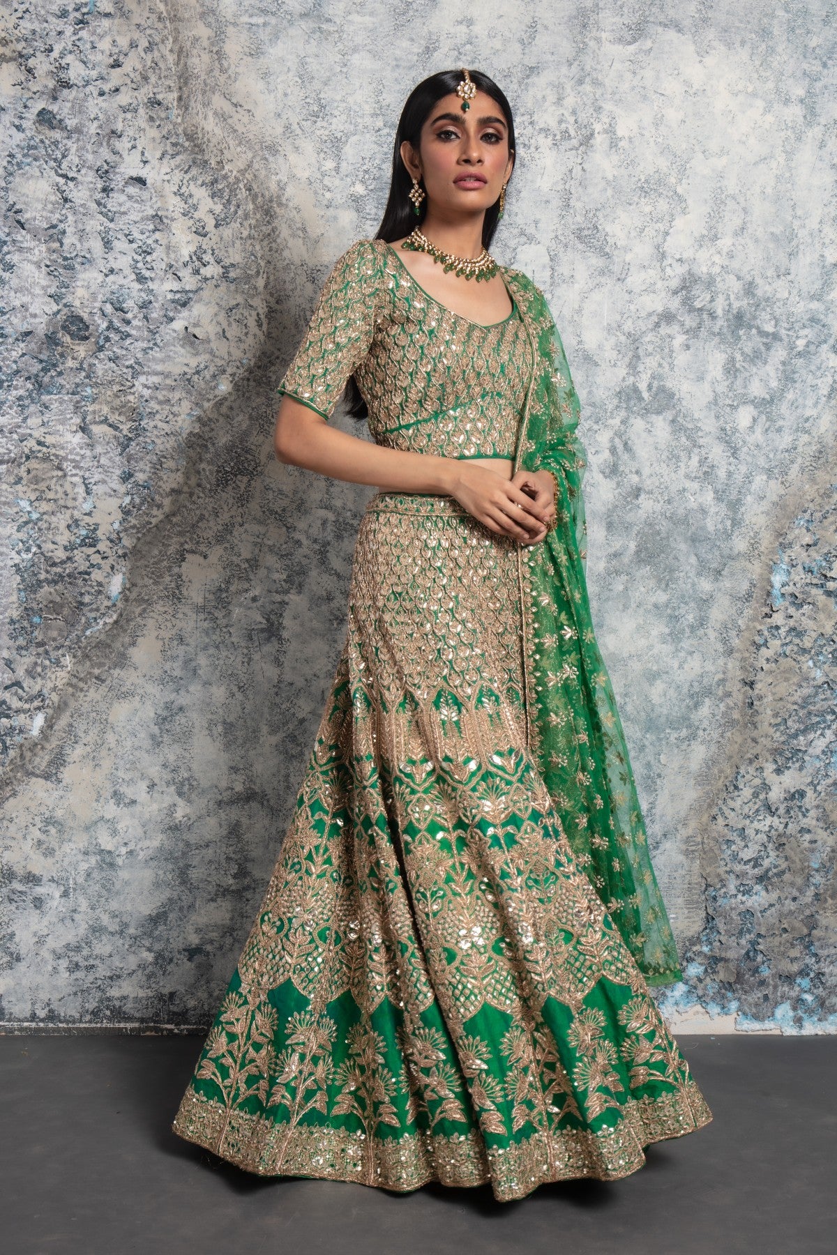 Green and Gold Embroidered Lehenga set