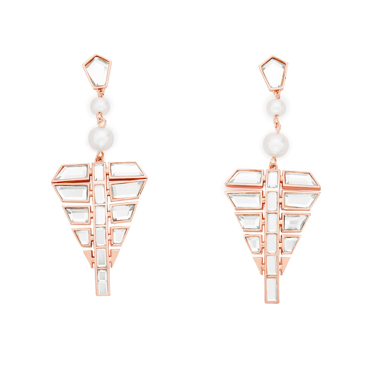 These earrings are handcrafted with mirror, pearl and rose gold plated brass.These come with a whole lot of edge but they need a sprinkling of attitude from you to match.