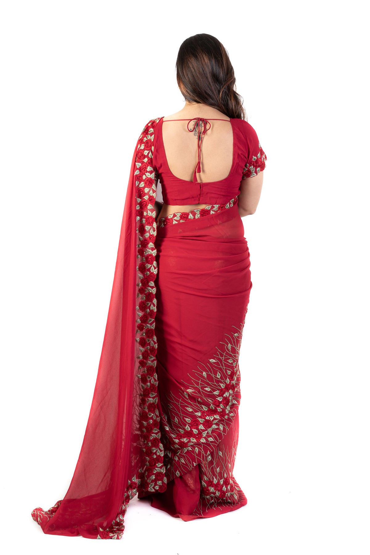 Red Saree With Embroidered Roses