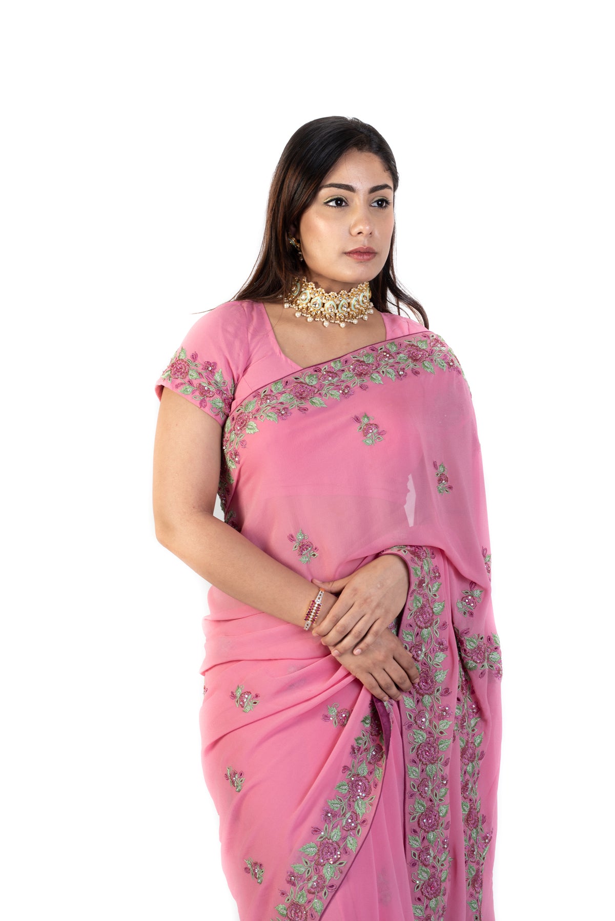 Pink Saree With Embroidered Roses