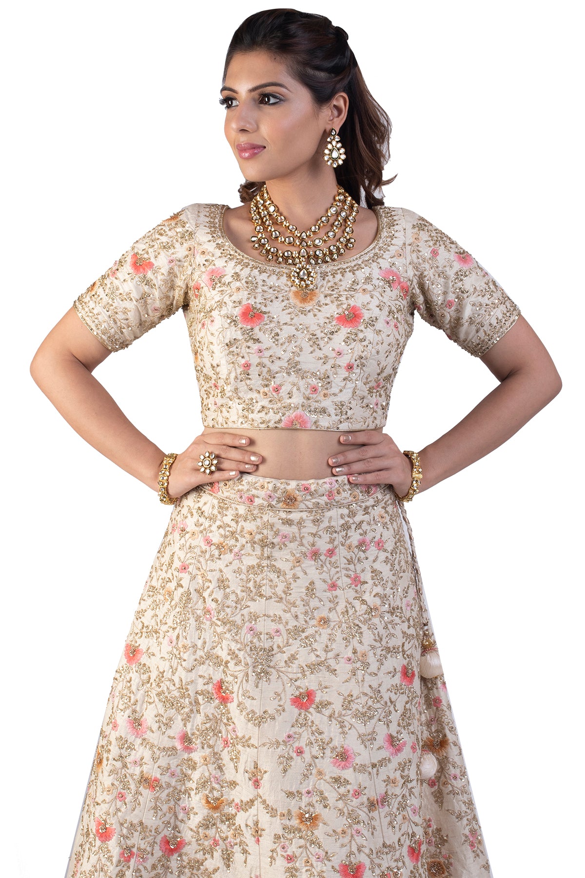 White Lehenga Set With Floral Embroidery