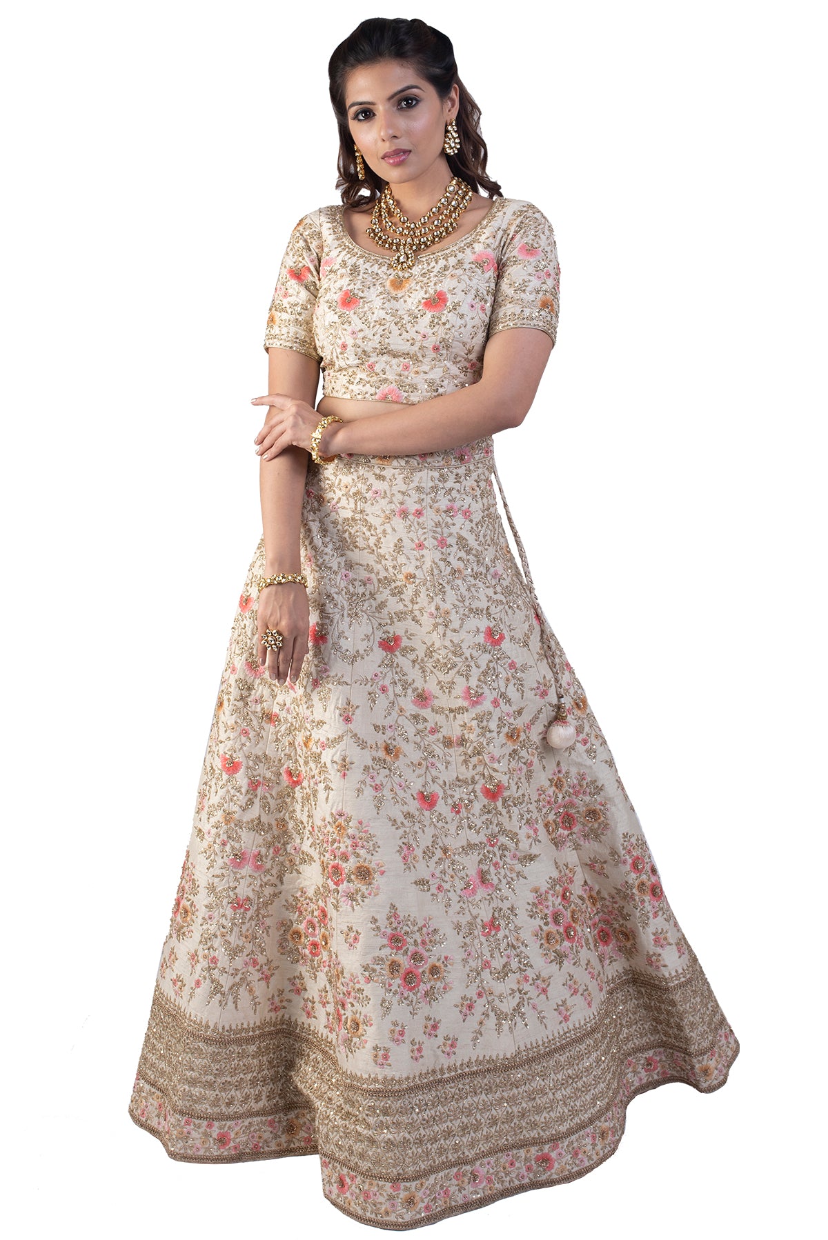 White Lehenga Set With Floral Embroidery