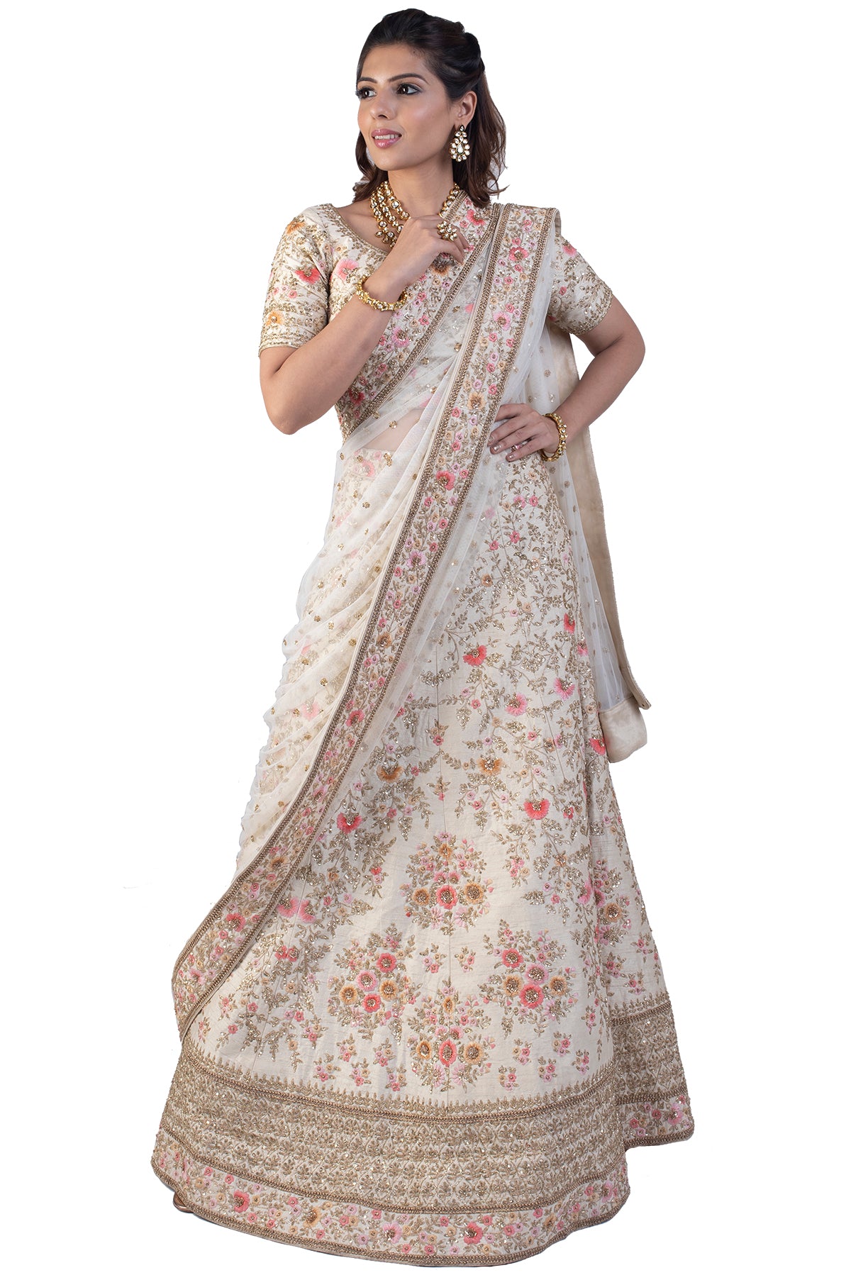 White Lehenga Set With Floral Embroidery