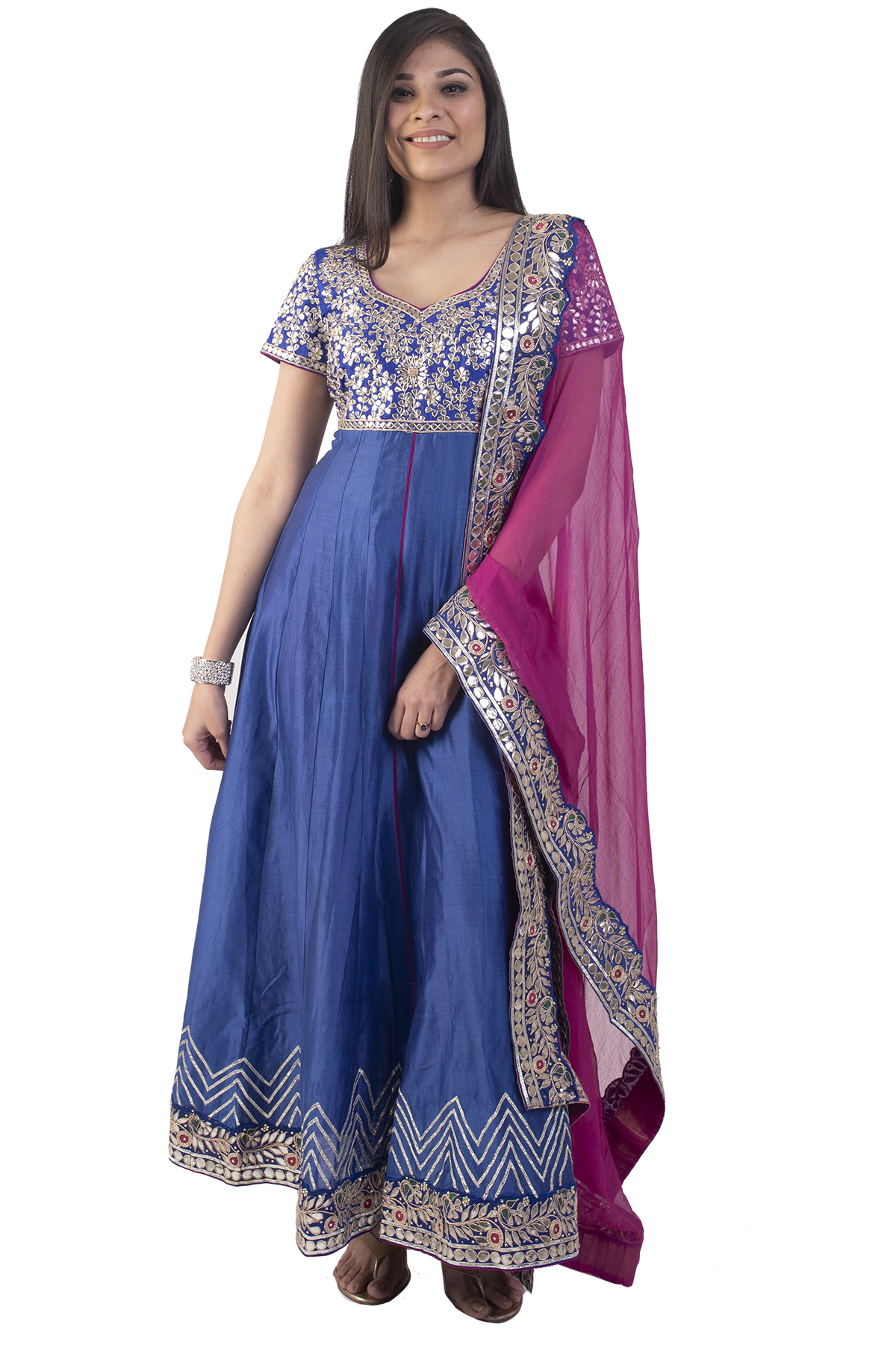 Blue Anarkali With Pink Dupatta