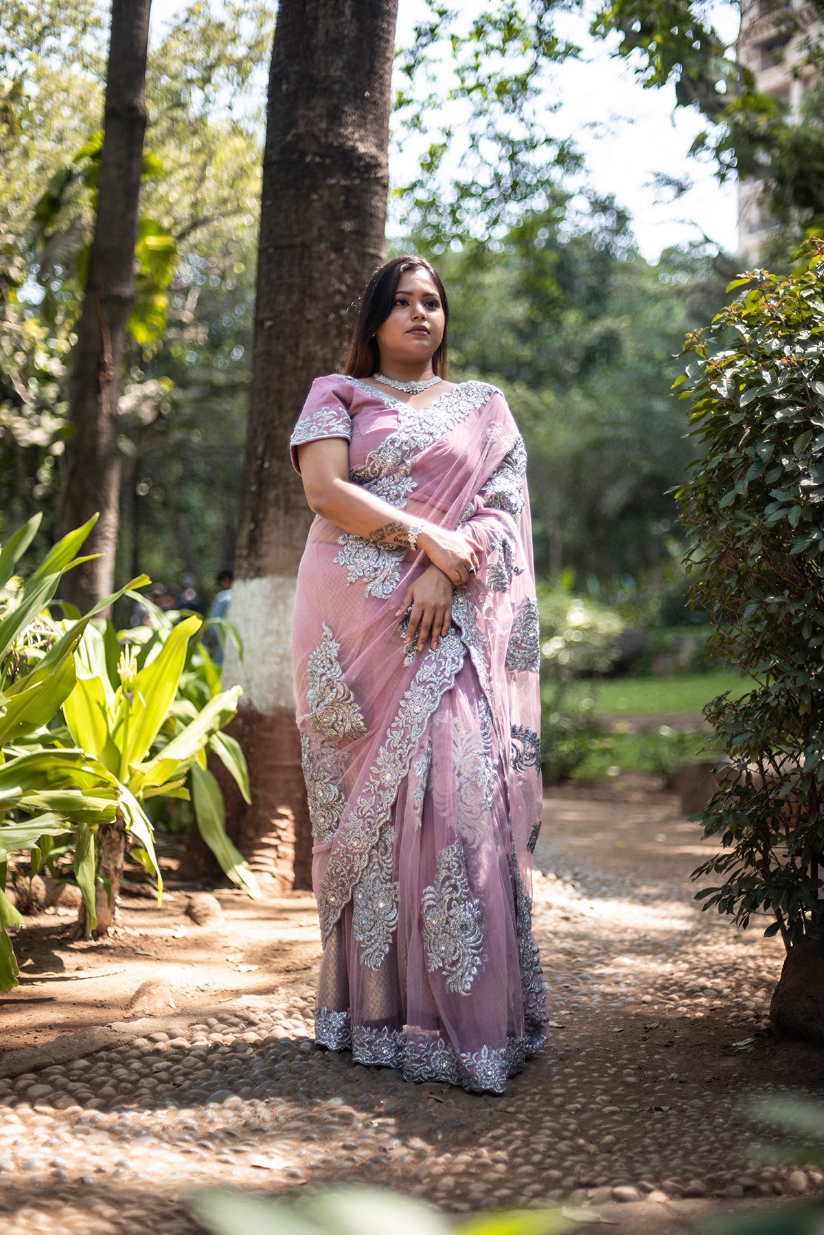 Pink Saree With Silver Embroidery