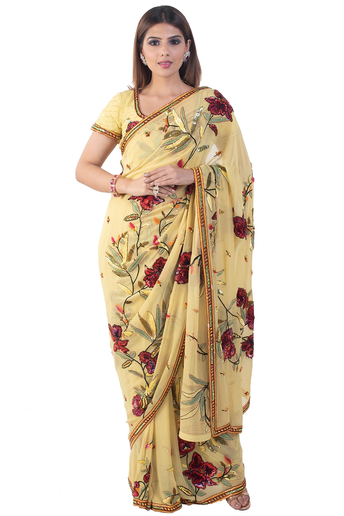Yellow Saree With Floral Sequin Embroidery