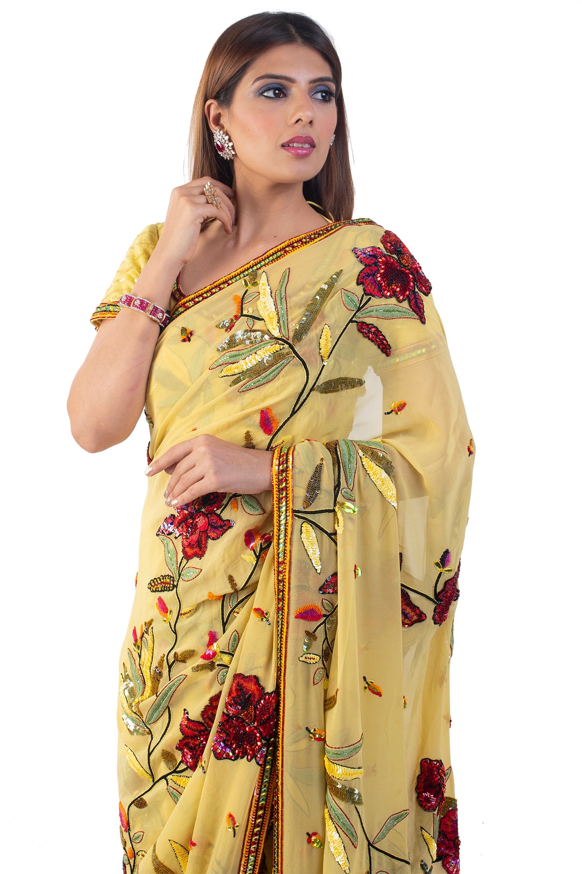 Yellow Saree With Floral Sequin Embroidery