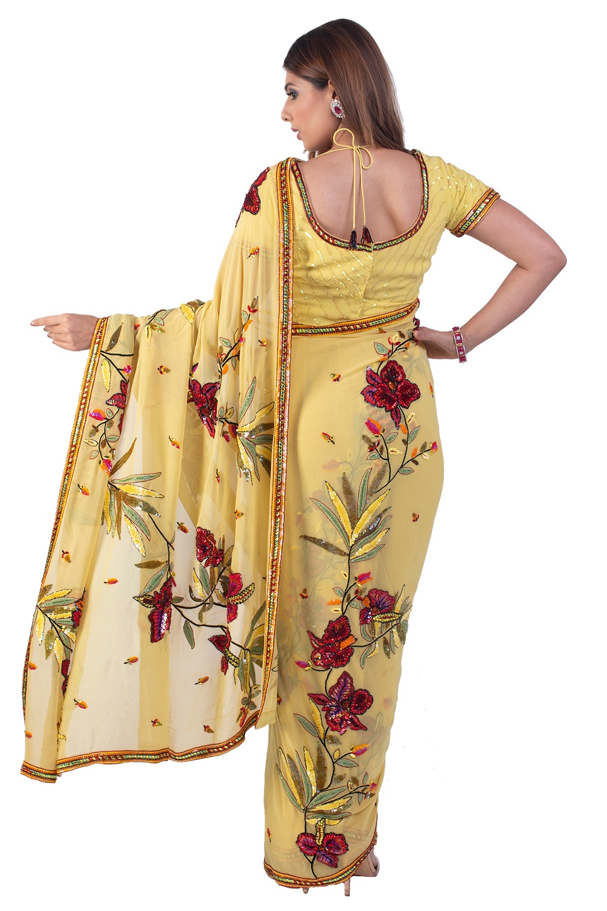 Yellow Saree With Floral Sequin Embroidery