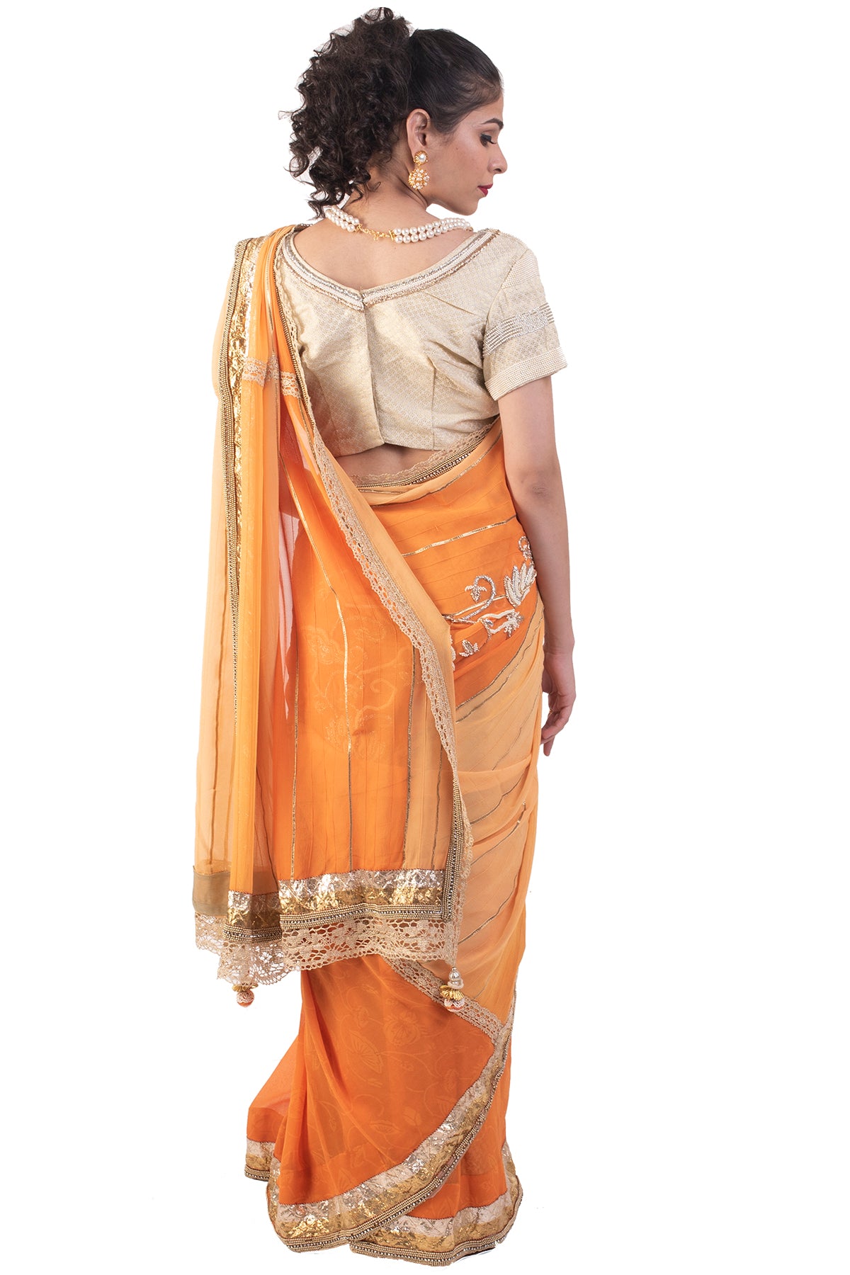 Orange Saree With Cream Blouse