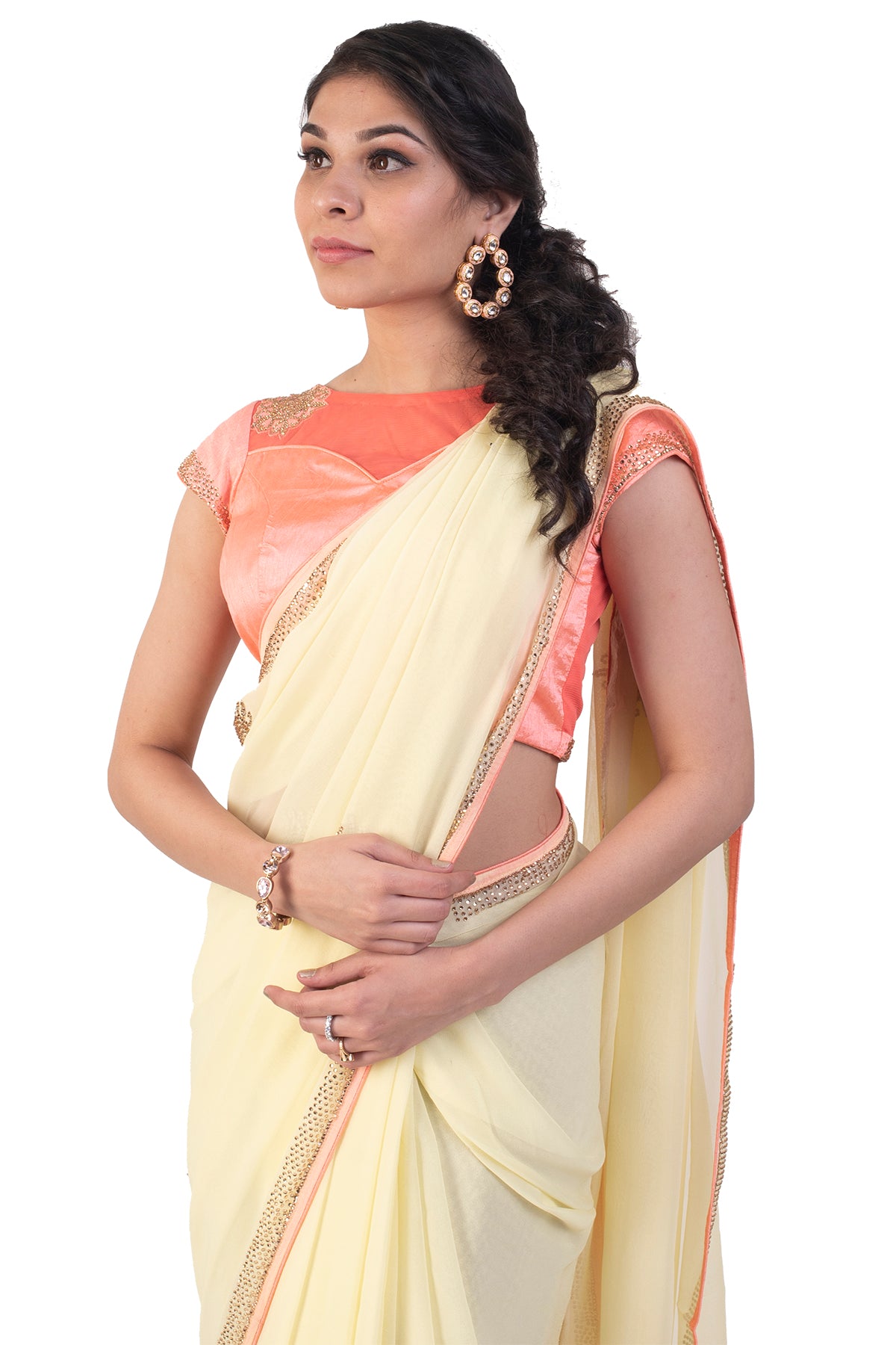 Light Yellow Saree With Peach Blouse