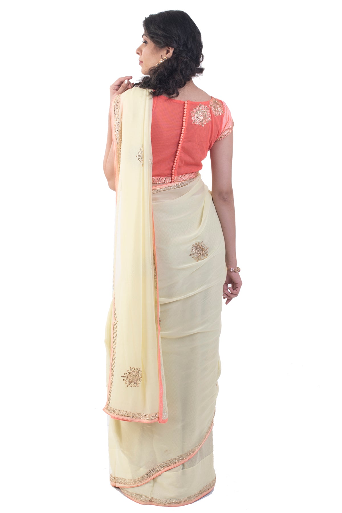 Light Yellow Saree With Peach Blouse