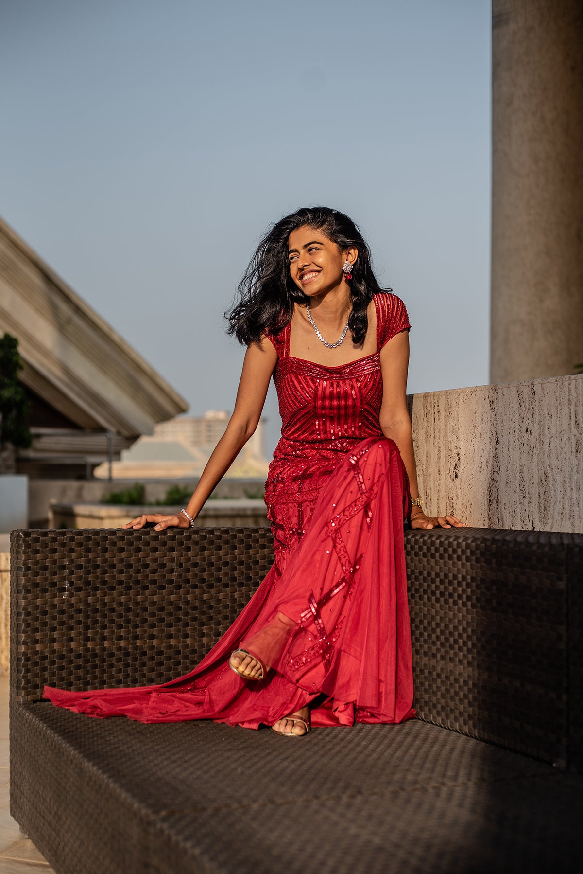 Red Gown With Sequin Embroidery