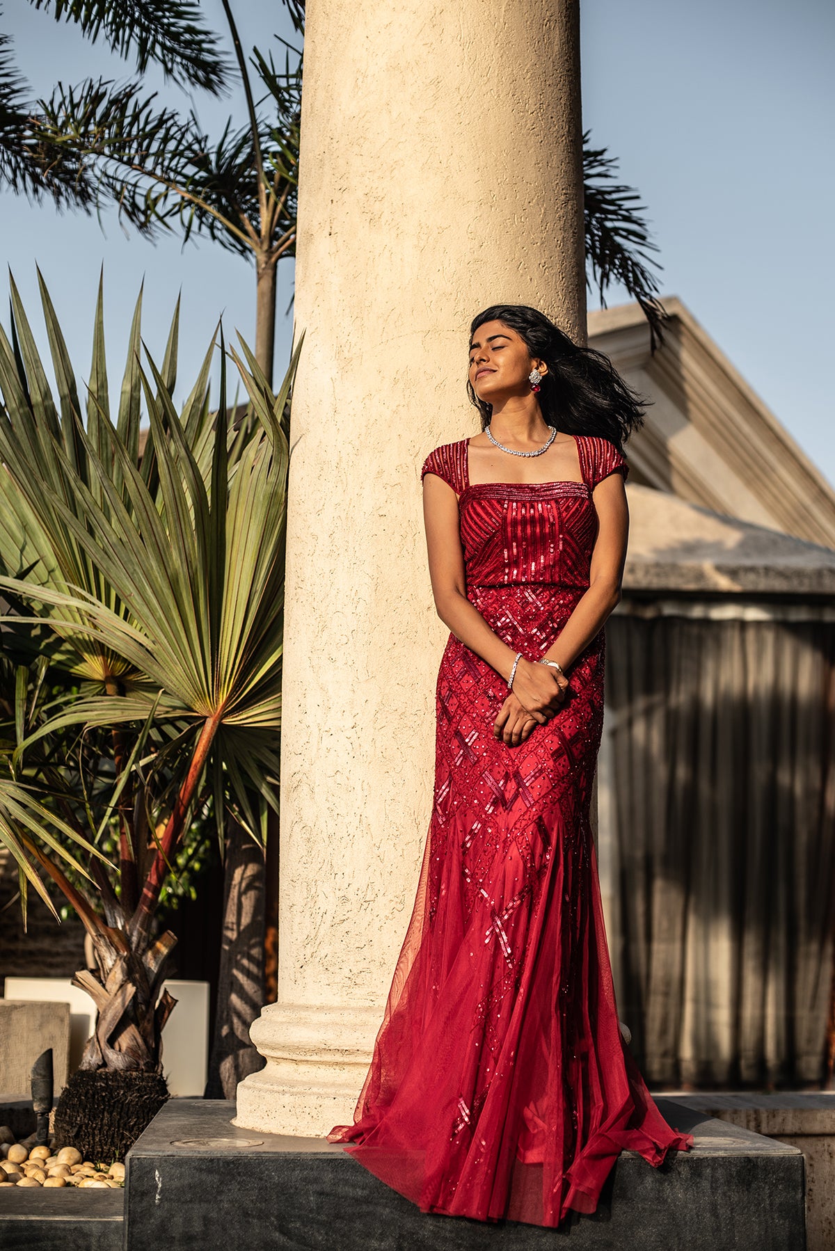 Red Gown With Sequin Embroidery