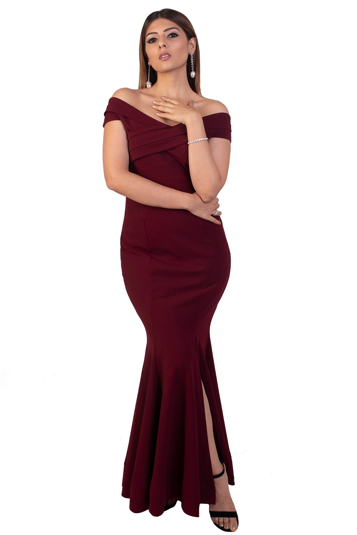 Designer Embroidered Wine Color Gown