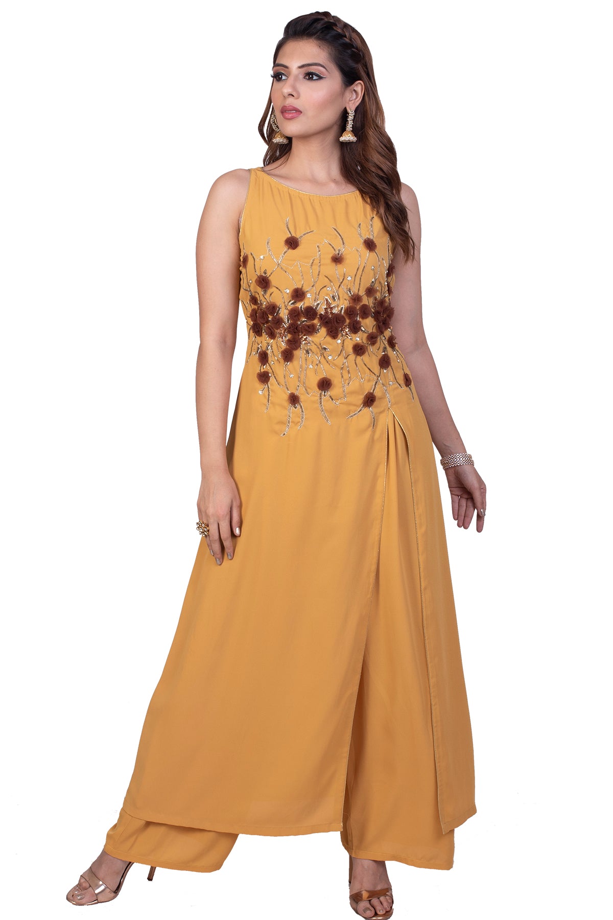 Yellow Anarkali With Brown Flowers