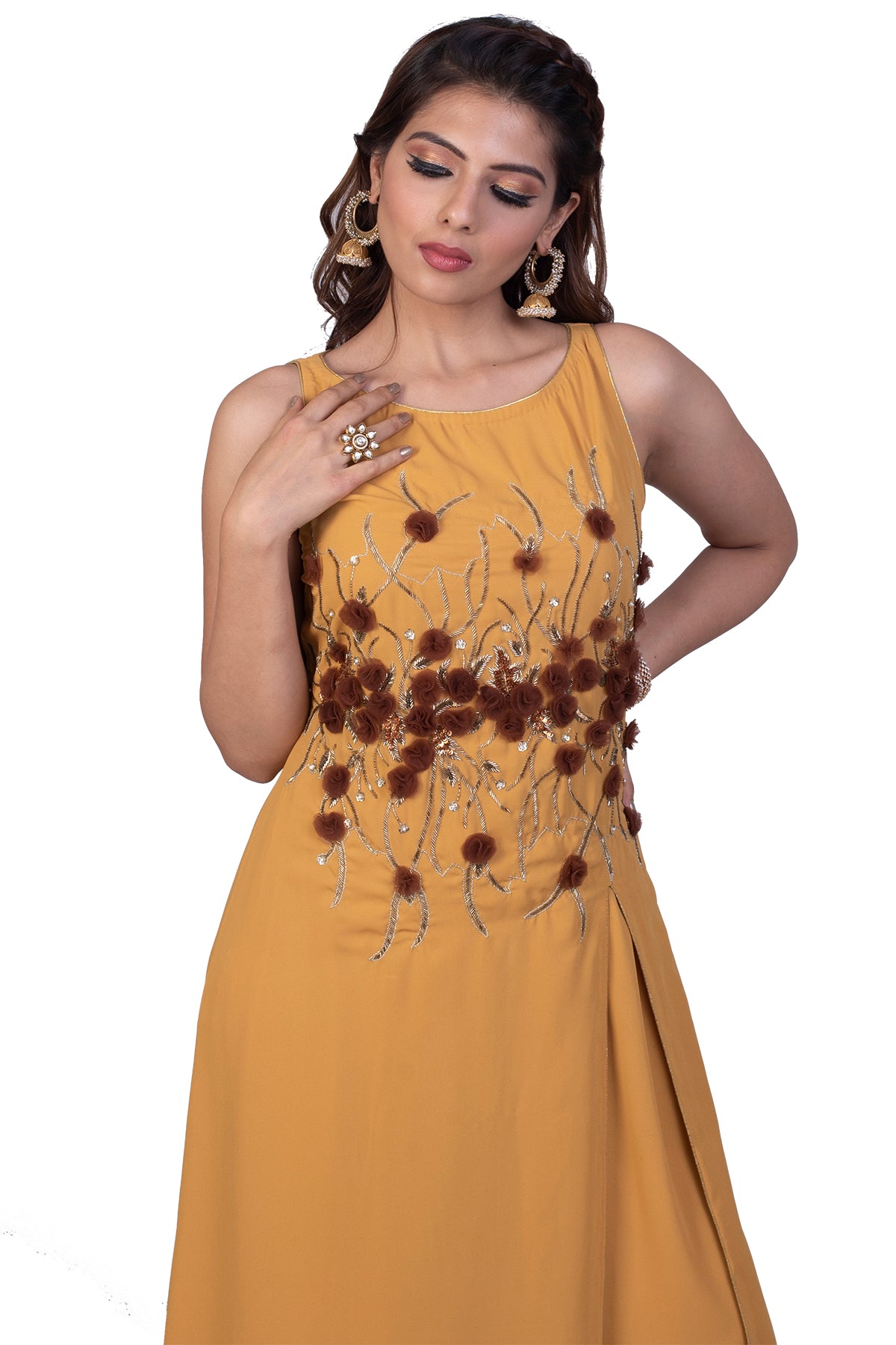 Yellow Anarkali With Brown Flowers