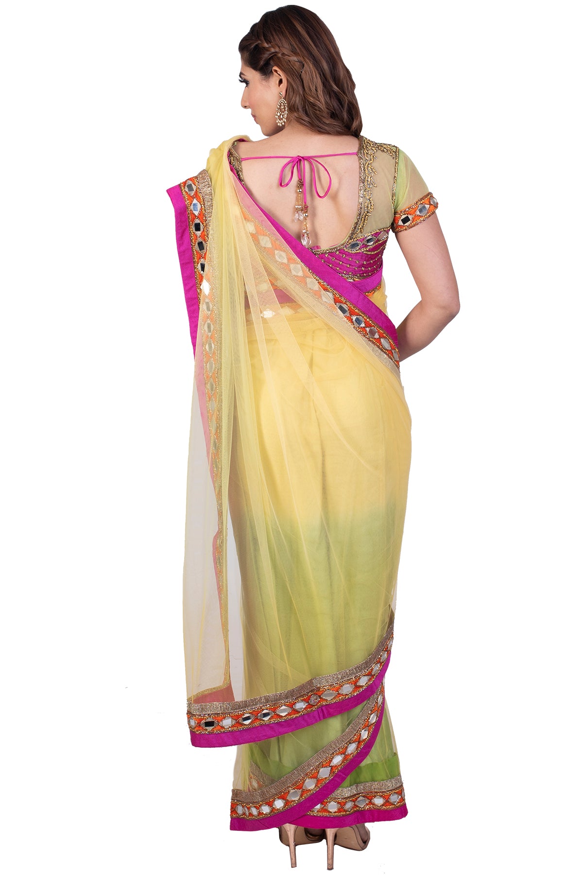 Yellow Saree With Pink Mirrorwork Border