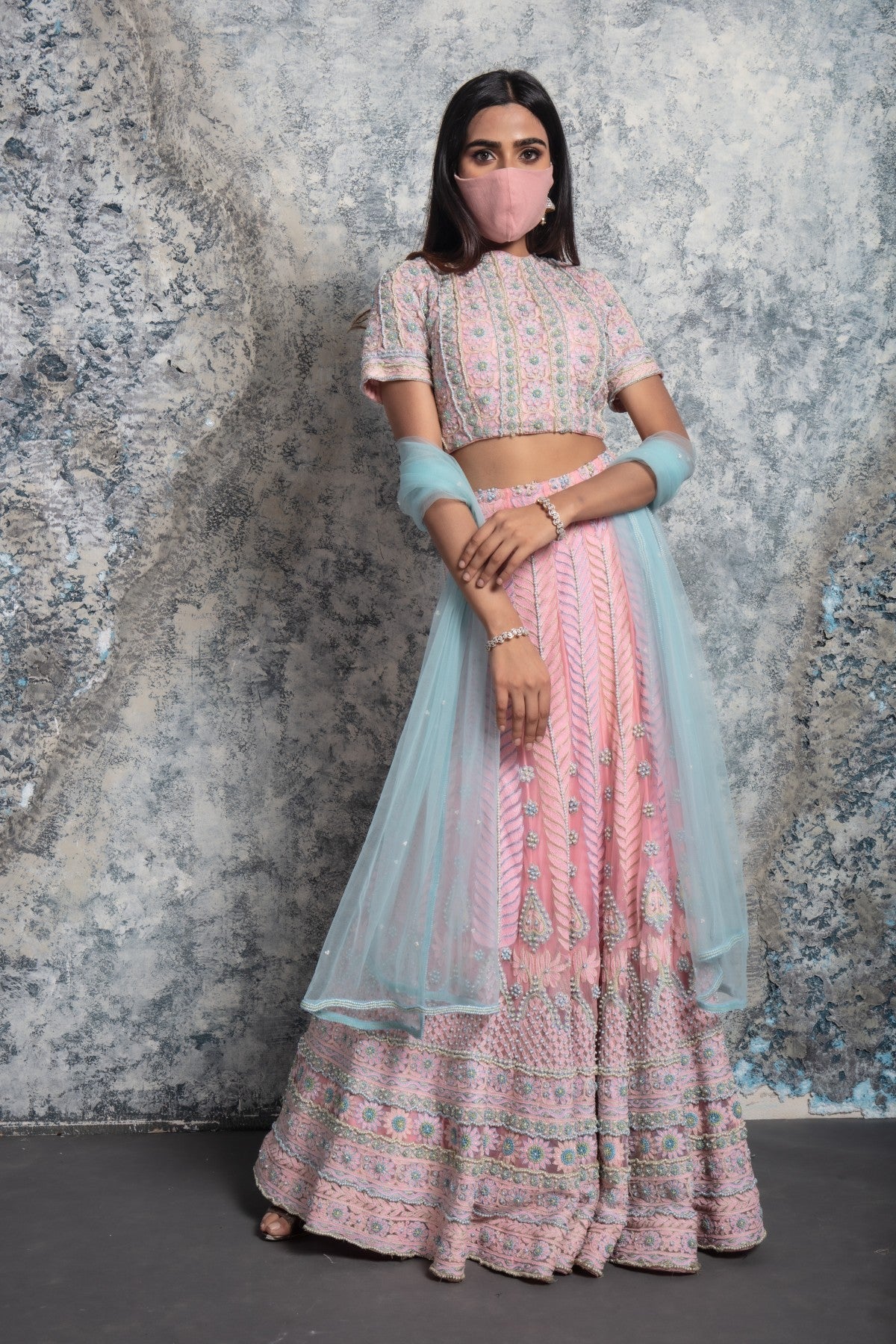 Pink and Blue Color Combination Designer Lehenga Choli With Yellow Dupatta  :: ANOKHI FASHION