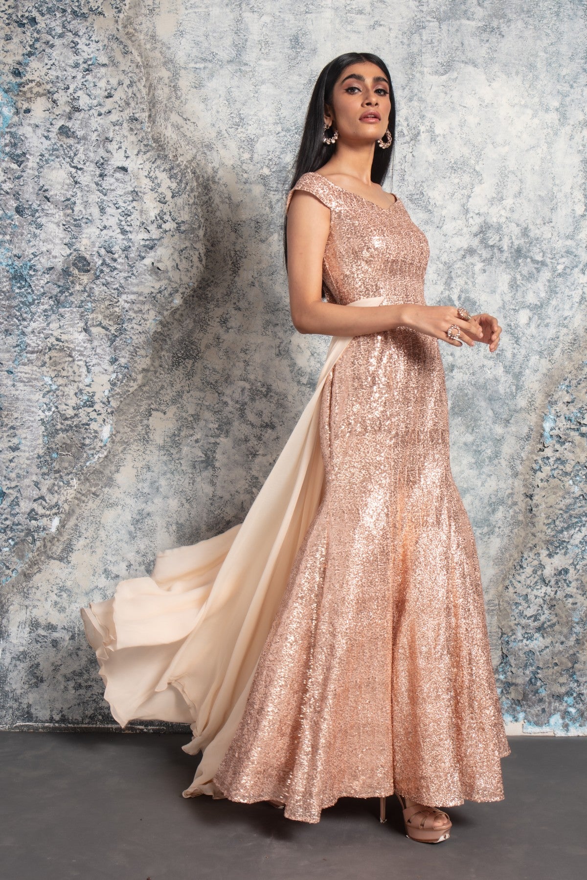 Peach Sequin off shoulder gown