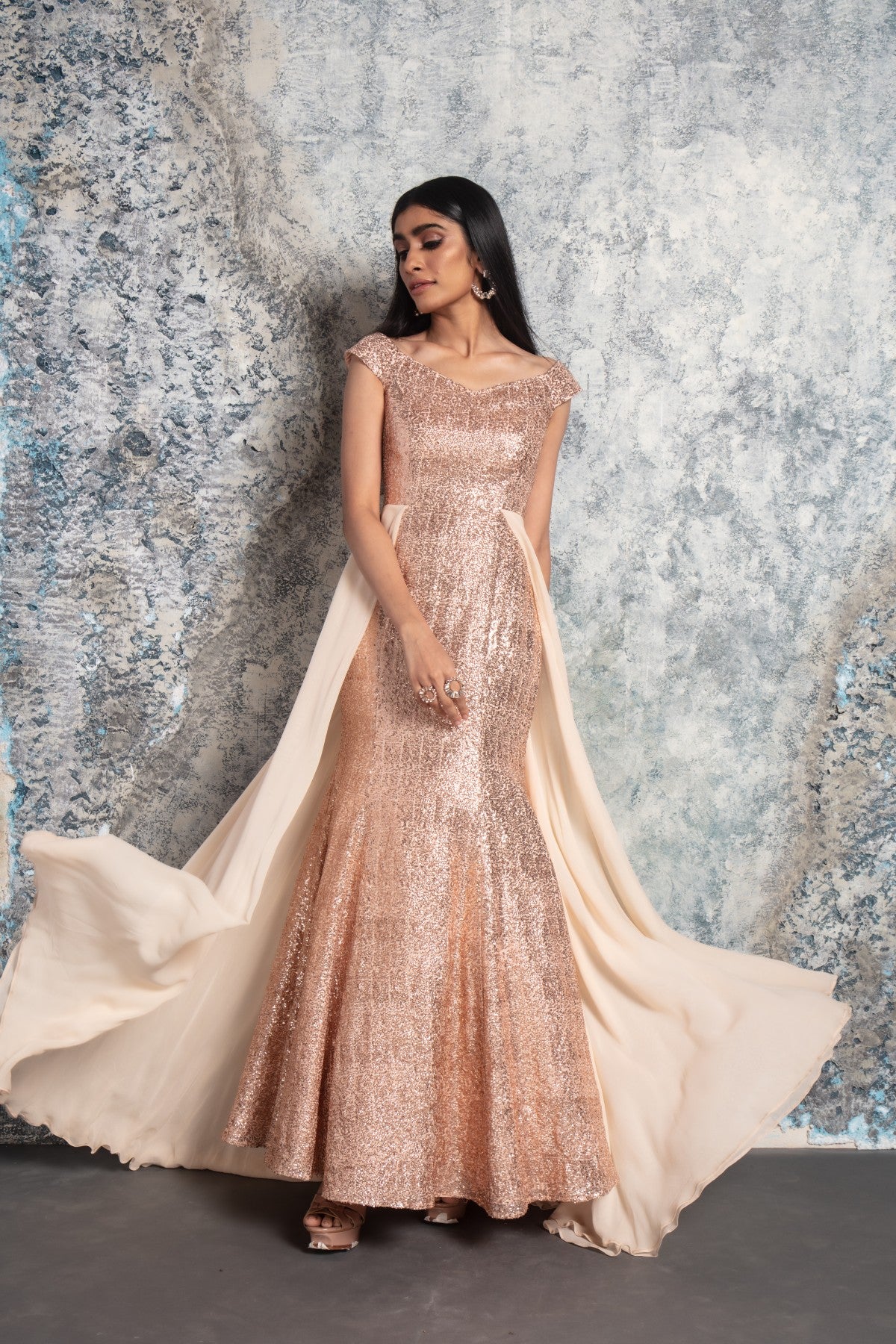 Peach Sequin off shoulder gown