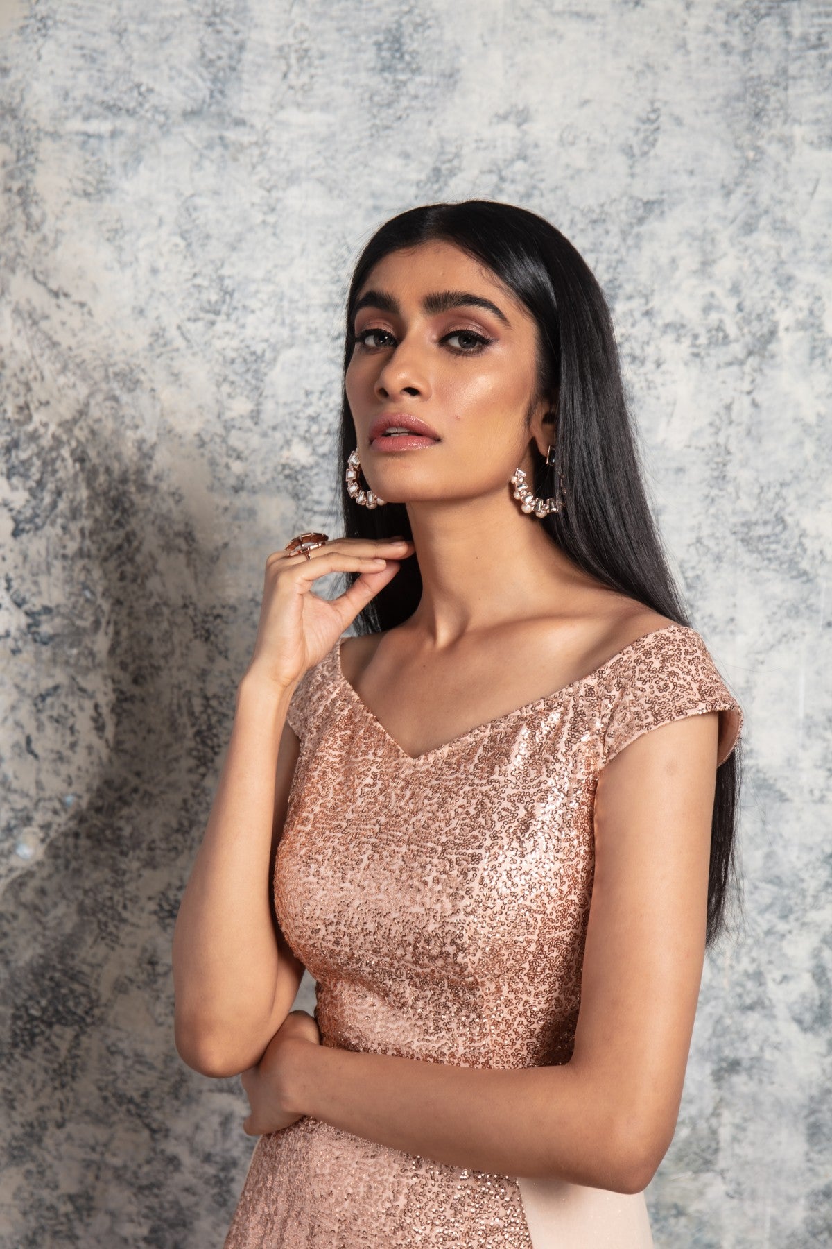 Peach Sequin off shoulder gown