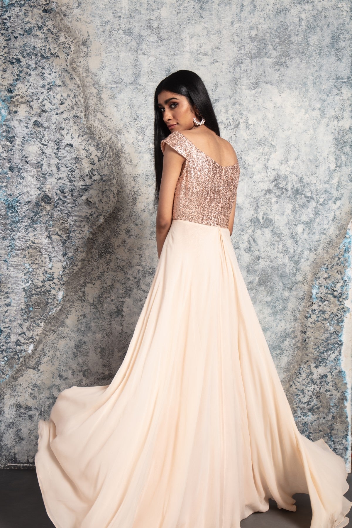 Peach Sequin off shoulder gown