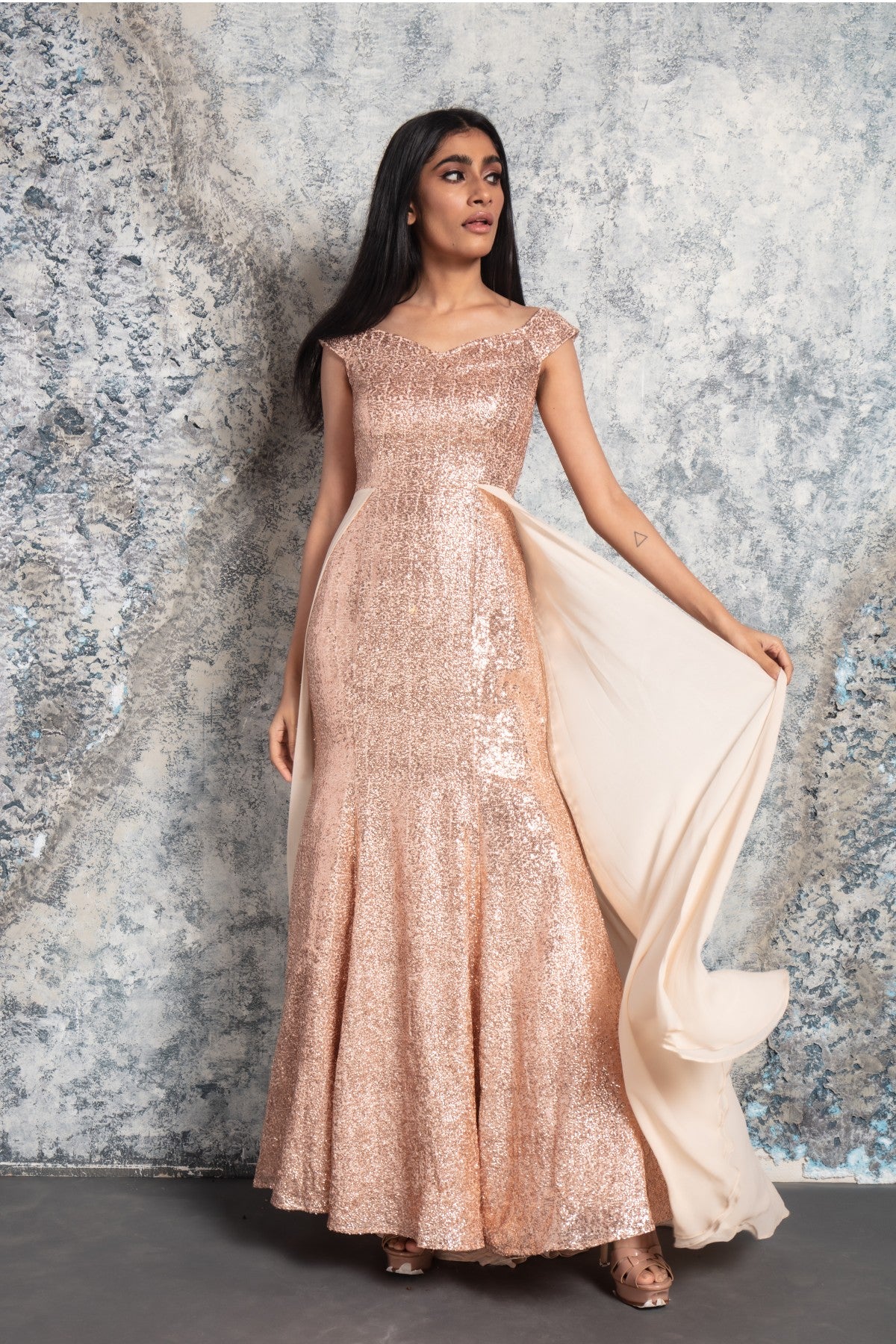 Peach off shoulder gown – Varun Chakkilam