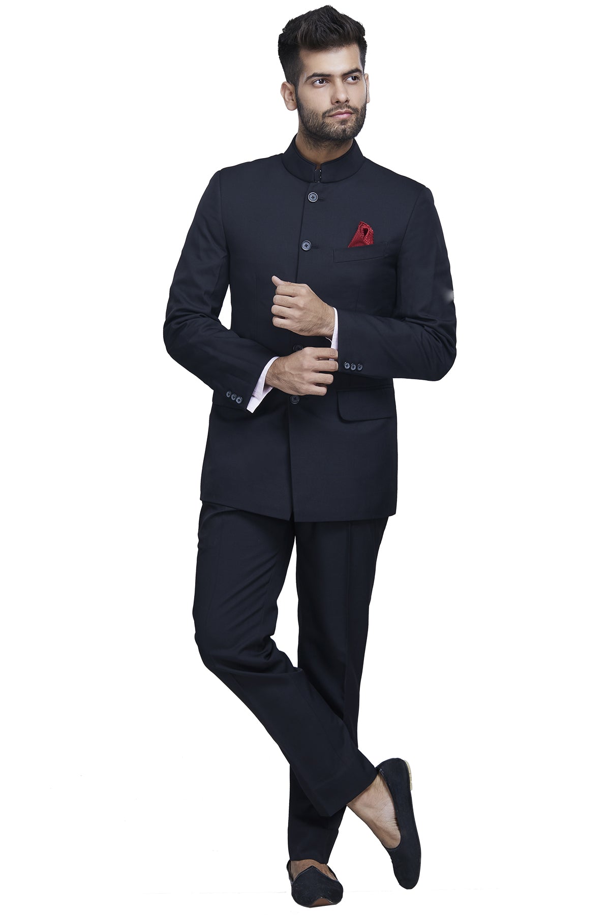 Buckle up with style and button up in our black formal bandhgala with black pants.